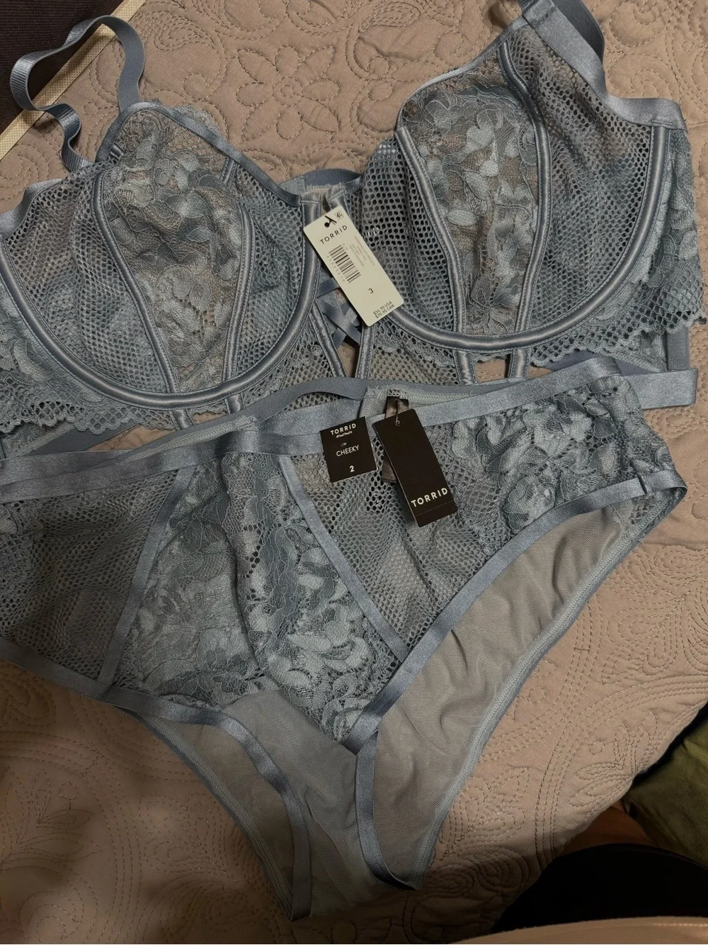 torrid Dusty Blue Lace & Mesh Balconette Bra and Brief Set